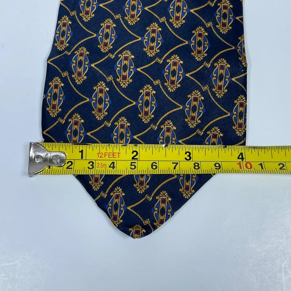 Vintage Domani Necktie Tie Navy Gold Geometric Medallion Italian Silk USA Made